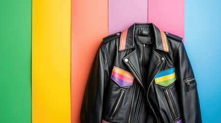 This image features a stylish black leather jacket adorned with rainbow accents, displayed against a vibrant, colorful background, perfect for fashion-focused content.の素材