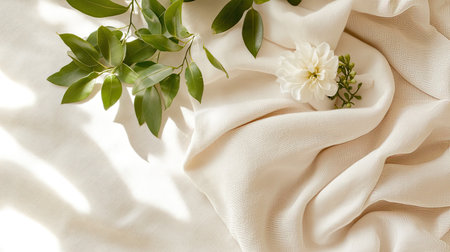 A beautiful arrangement featuring soft white fabric complemented by green leaves and delicate flowers. This serene composition adds a touch of elegance and nature.の素材