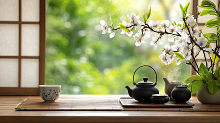 A tranquil scene featuring a teapot, cup, and flowers against a lush green backdrop. Ideal for wellness, relaxation, and serene lifestyle themes.の素材