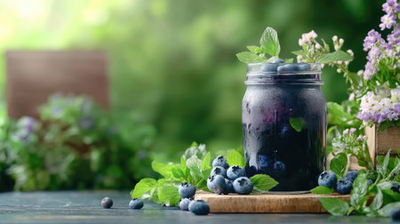 Bright and refreshing view of a mason jar filled with blueberries and mint, set against a lush green backdrop, perfect for health and summer themes.の素材