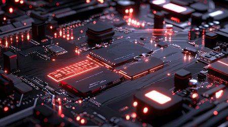 Detailed close-up image of a circuit board featuring glowing red LED lights, showcasing the intricate design and advanced technology of modern electronics.の素材
