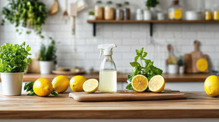 A vibrant kitchen scene featuring fresh lemons and herbs arranged on a wooden table with a spray bottle. Ideal for promoting healthy lifestyles and cooking.の素材