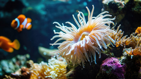 A close-up of a sea anemone with fish swimming nearby. Copy space in the surrounding water.の素材