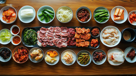 Flat lay of Korean BBQ spread with meats, vegetables, and banchan, leaving room for textの素材
