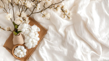 A serene still life featuring a wooden tray with natural cotton and delicate flowers arranged on soft white fabric, creating a tranquil and elegant atmosphere.の素材