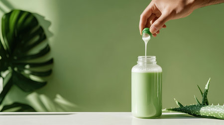 A hand pours a fresh green smoothie into a glass jar, surrounded by an elegant plant backdrop. Perfect for healthy lifestyle and wellness themes.の素材