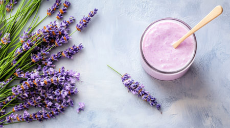 This image showcases a creamy lavender yogurt topped with fresh lavender sprigs, creating a vibrant and inviting presentation on a light background.の素材