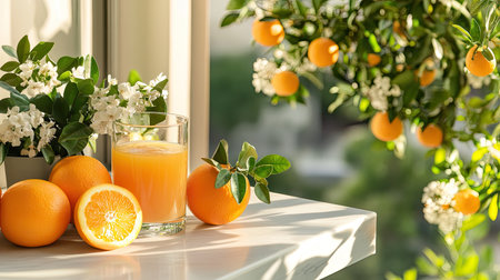 A serene setup featuring fresh oranges, a glass of orange juice, and blooming flowers on a table by the window, evoking a sense of freshness and vibrancy.の素材