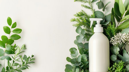A minimalist skincare bottle complements a vibrant arrangement of fresh greenery, creating a serene atmosphere perfect for wellness and beauty themes.の素材