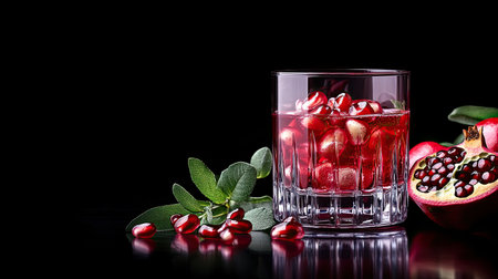 A stunning display of fresh pomegranate juice in a clear glass, adorned with vibrant seeds and leaves, set against a sleek dark background. Perfect for beverage inspiration.の素材