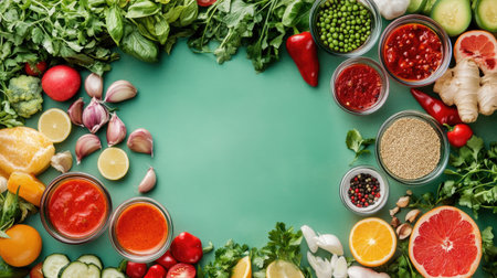 Colorful vegetables, fresh herbs, and spices arranged on a green surface, highlighting healthy cooking and vibrant ingredients for delicious meals.の素材