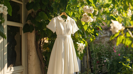 A charming white dress elegantly hangs in a lush garden, surrounded by blooming flowers. This serene setting captures the essence of summer and natural beauty.の素材