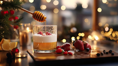 A beautifully arranged festive cocktail featuring honey and fresh berries. This inviting drink captures the warmth and joy of the holiday season, perfect for celebrations.の素材