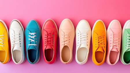 A vibrant display of colorful sneakers lined up on a pink background, showcasing various styles and hues, perfect for highlighting trendy footwear options.の素材