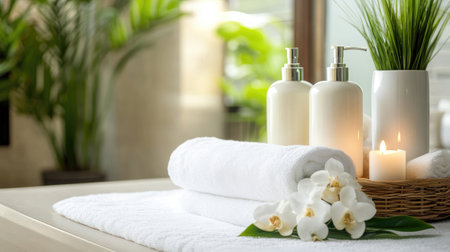 Experience tranquility with this serene spa setup featuring towels, candles, and white orchids, creating a harmonious atmosphere for relaxation and wellness.の素材