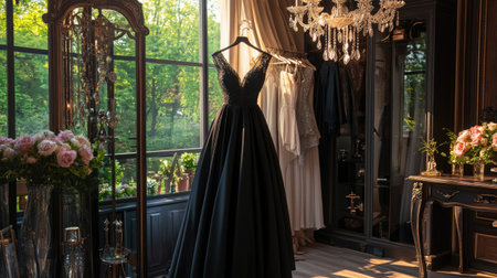Discover a stunning black dress elegantly displayed in a chic boutique, illuminated by soft sunlight filtering through large windows, with tasteful floral arrangements.の素材