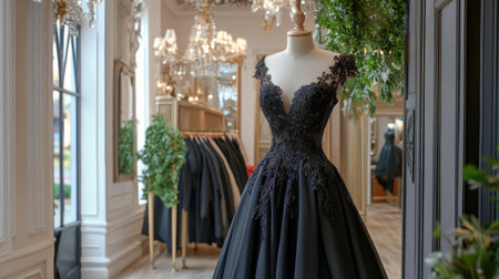 A stunning black evening gown featuring intricate lace accents displayed in a luxurious boutique, showcasing elegance and sophisticated fashion design elements.の素材