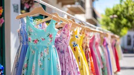 A vivid display of colorful floral dresses hanging in a boutique, showcasing vibrant patterns. Perfect for summer fashion and outdoor shopping displays.の素材