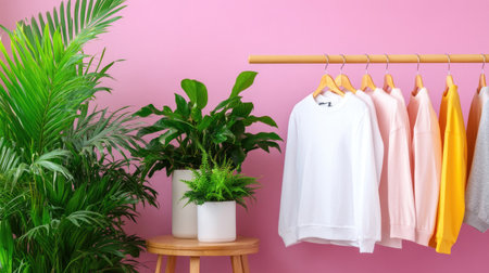 A vibrant display of stylish apparel hanging on a wooden rack against a pink backdrop, complemented by lush green plants in decorative pots, creating a cozy atmosphere.の素材
