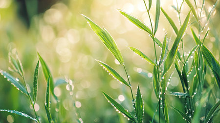 Beautiful close-up of green grass blades adorned with morning dew. The soft light and bokeh effect create a tranquil and refreshing natural scene.の素材