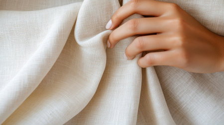 A close-up image showcasing a hand gently holding soft beige fabric. The delicate texture and natural colors create a warm and soothing atmosphere ideal for design aesthetics.の素材