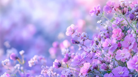 A captivating display of soft pink and purple wildflowers, set against a dreamy bokeh background, evoking a sense of tranquility and natural beauty in spring.の素材