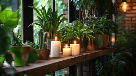 Bright and serene indoor garden scene showcasing lush plants and elegant candles. Perfect ambiance for relaxation and home decoration.の素材
