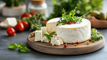 A vibrant display of fresh cheese varieties adorned with herbs and cherry tomatoes on a rustic wooden board. Perfect for gourmet appetizers or healthy snacks.の素材