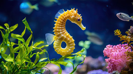 A stunning yellow seahorse gracefully navigates vibrant marine vegetation in a colorful aquatic environment, showcasing the beauty and diversity of ocean life.の素材