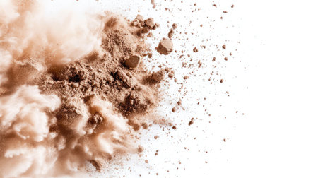 A dramatic brown dust explosion creates a dynamic visual effect against a clean white background, showcasing a burst of particles and texture. Ideal for artistic projects.の素材