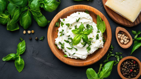 A vibrant arrangement featuring creamy cheese spread topped with fresh basil leaves in a wooden bowl. Perfect for culinary inspiration and healthy meals.の素材