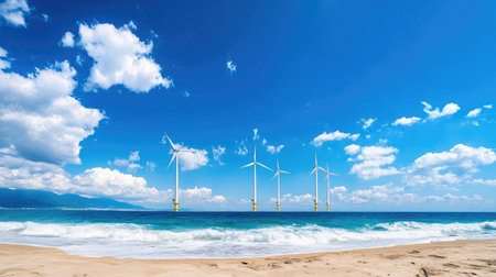 Scenic view of wind turbines standing tall in the ocean with a vibrant blue sky and fluffy white clouds, symbolizing clean energy and nature.の素材
