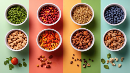 A vibrant arrangement of healthy snacks and nuts in bowls showcases the colorful variety and textures. Ideal for promoting nutritious eating and visual appeal.の素材