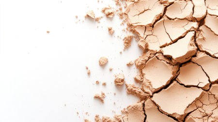 This image features a cracked earth texture on a white background, showcasing the beauty of dryness and natural patterns in a minimalistic style.の素材