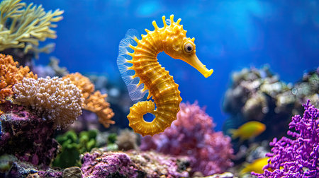 A stunning yellow seahorse gracefully swims amongst colorful coral formations in a vibrant underwater ecosystem. Ideal for ocean and nature enthusiasts.の素材