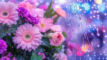A stunning composition featuring delicate pink flowers and raindrops on a window, creating a serene and vibrant atmosphere perfect for various art projects.の素材
