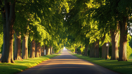 A stunning tree-lined pathway bathed in warm sunlight, showcasing vibrant green leaves and a peaceful atmosphere, perfect for nature lovers and outdoor enthusiasts.の素材