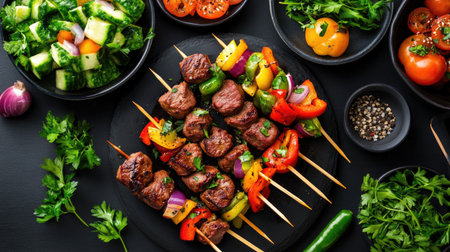 Vibrant grilled skewers featuring succulent meat and fresh vegetables, perfectly arranged on a black plate. Ideal for culinary presentations and summer gatherings.の素材