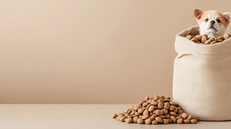 A charming puppy peeks over the edge of a large bag filled with dog food. The warm, neutral backdrop enhances the playful and adorable nature of the scene.の素材