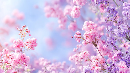 A stunning display of pink and purple flowers under soft sunlight, creating a serene and tranquil atmosphere perfect for nature lovers and garden enthusiasts.の素材