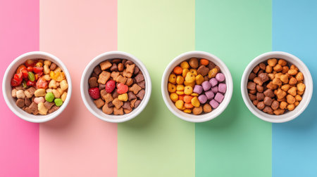 Discover an eye-catching array of colorful snacks displayed in white bowls on a pastel background. Perfect for enhancing any culinary presentation or food-themed project.の素材