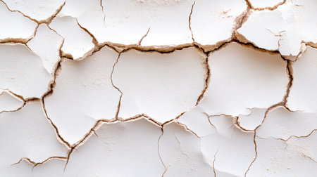 High-resolution image showing a detailed close-up of a cracked white surface, highlighting the intricate patterns formed by damage and deterioration. Perfect for various design projects.の素材