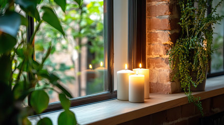 Warm and inviting candlelit scene with three lit candles placed on a windowsill surrounded by lush greenery, creating a soothing atmosphere of tranquility and comfort.の素材