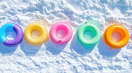 Bright and colorful swim floats arranged in a line on a snowy background, creating a playful and vibrant contrast that evokes fun and leisure.の素材
