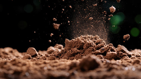A dramatic close-up image showing dust particles rising from a brown soil surface, creating an impactful visual effect. The image captures the dynamic motion and texture of earth in a stunning, artistic style.の素材