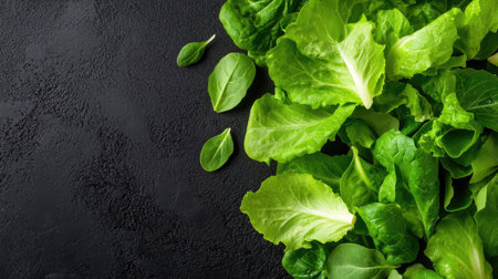 Fresh green lettuce and spinach leaves arranged on a dark textured background, perfect for culinary inspiration and healthy eating concepts.の素材