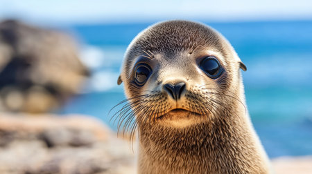 A captivating close-up portrait of a young sea lion displaying its curious expression. The background features a serene ocean, highlighting its natural habitat.の素材