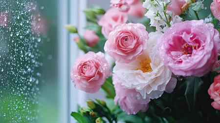 A beautiful close-up of fresh pink roses with raindrops on a window, creating a serene and romantic atmosphere perfect for floral decoration and nature appreciation.の素材
