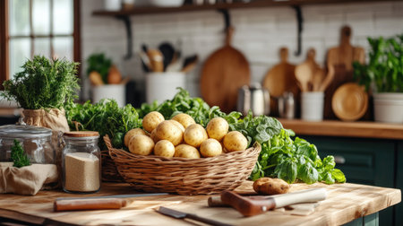 A cozy kitchen scene featuring fresh vegetables, including potatoes and greens, with wooden utensils and jars, ideal for home cooking and healthy recipes.の素材