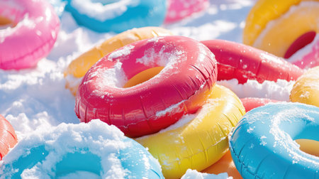 A vibrant collection of colorful snow tubes rests on a snowy landscape, evoking feelings of winter fun and outdoor activities. Perfect for seasonal imagery.の素材